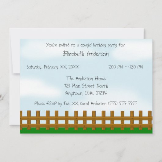 ピンクの女性のカーボーイのブーツ、帽子および馬の誕生会 招待状 (裏面)