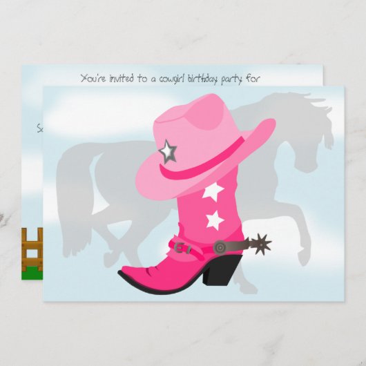 ピンクの女性のカーボーイのブーツ、帽子および馬の誕生会 招待状 (正面/裏面)