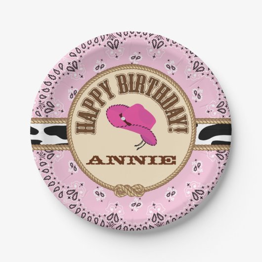 ピンクの女性のカーボーイの誕生日、カスタマイズ可能なプレート ペーパープレート (正面)