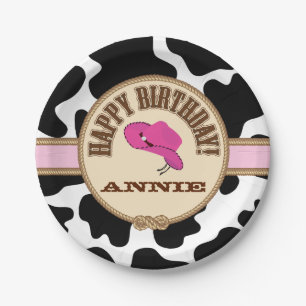 ピンクの女性のカーボーイの誕生日、カスタマイズ可能なプレート ペーパープレート