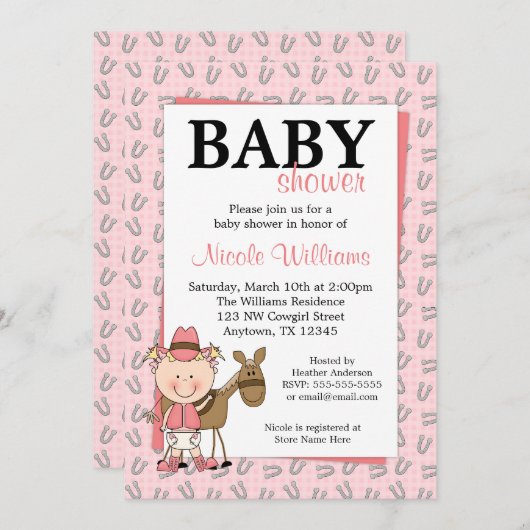 ピンクの女性のカーボーイの蹄鉄のベビーシャワー招待状 招待状 (正面/裏面)