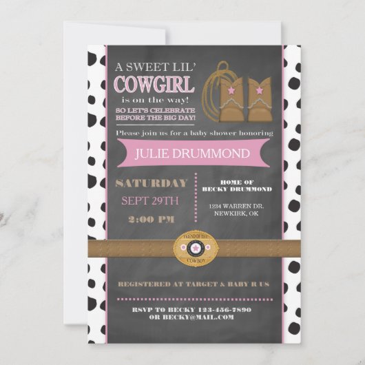 ピンクの女性のカーボーイの黒板のベビーの招待状 招待状 (正面)