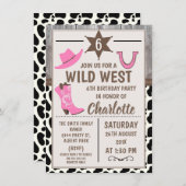 ピンクの女性のカーボーイは野生の西の誕生日の招待状を追い出します 招待状 (正面/裏面)