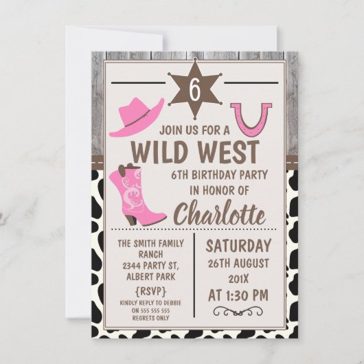 ピンクの女性のカーボーイは野生の西の誕生日の招待状を追い出します 招待状 (正面)