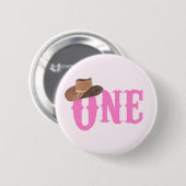 ピンクの女性のカーボーイハットをテーマにした一歳の誕生日 缶バッジ (正面&裏面)