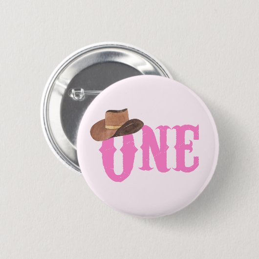 ピンクの女性のカーボーイハットをテーマにした一歳の誕生日 缶バッジ (正面&裏面)