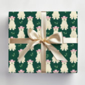 ピンクの女性のカーボーイハットクリスマス付きフワフワ白い犬 ラッピングペーパー