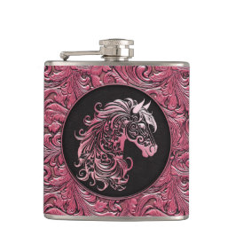ピンクの女性のカーボーイフローラツール革の馬頭 フラスク