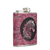 ピンクの女性のカーボーイフローラツール革の馬頭 フラスク (右)