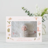 ピンクの女性のカーボーイベビー写真誕生のお知らせ 案内状 (スタンド正面)