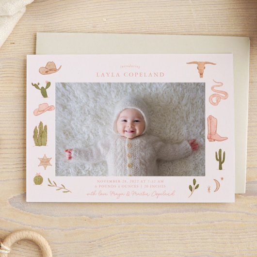 ピンクの女性のカーボーイベビー写真誕生のお知らせ 案内状
