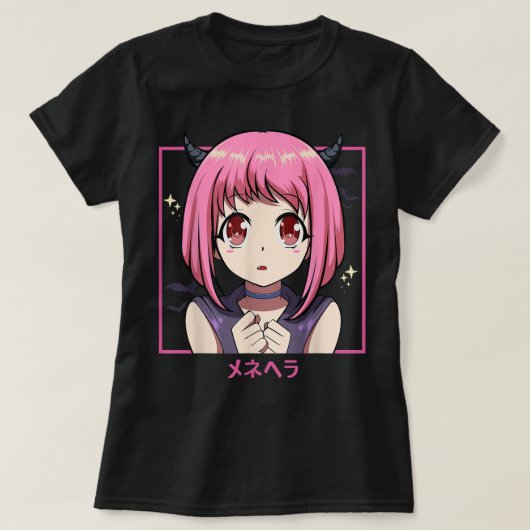 ピンクの女性アニメキャラ デビル系デザイン Tシャツ (デザイン正面)