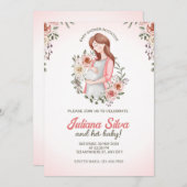 ピンクの女性妊娠フローラ赤ちゃんシャワー 招待状 (正面/裏面)