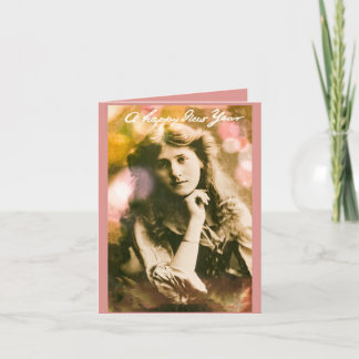 ピンクの女性 ヴィンテージ新年 カード