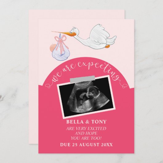 ピンクの妊娠ソノグラムカードを期待している 招待状 (正面/裏面)