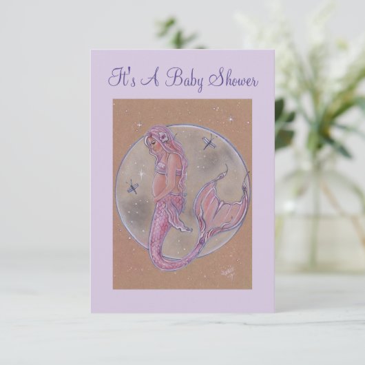 ピンクの妊娠マーメイドベビーシャワー招待状 招待状 (スタンド正面)