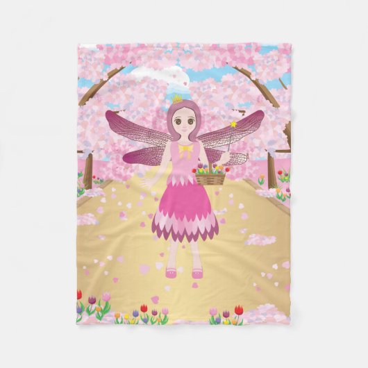 ピンクの妖精とさくらんぼ フリースブランケット (正面)