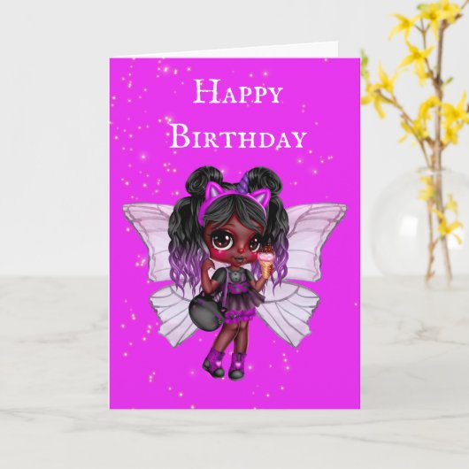 ピンクの妖精のアフリカ系アメリカ人のかわいい女の子の誕生日 カード (黄色い花)