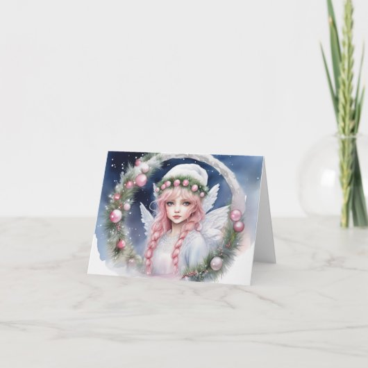 ピンクの妖精のクリスマスカード サンキューカード (正面)