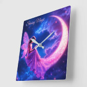 ピンクの妖精の三日月輝かわいい魔法 スクエア壁時計 (傾斜)