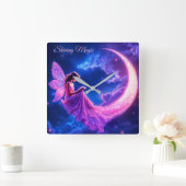 ピンクの妖精の三日月輝かわいい魔法 スクエア壁時計 (ホーム)