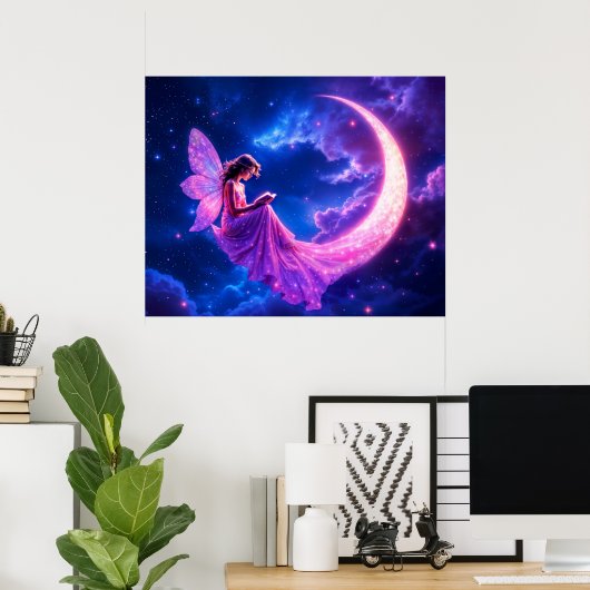 ピンクの妖精の三日月輝かわいい魔法 ポスター (ホームオフィス)