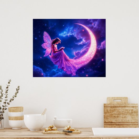 ピンクの妖精の三日月輝かわいい魔法 ポスター (キッチン)