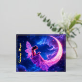 ピンクの妖精の三日月輝かわいい魔法 箔シーズンポストカード (立ち正面)