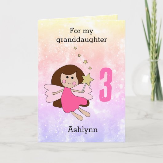 ピンクの妖精の女の子 3歳の誕生日 お孫さん カード (正面)