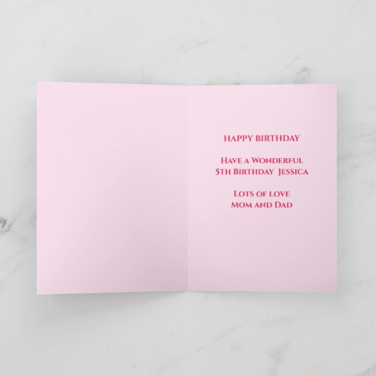 ピンクの妖精の娘の5歳の誕生日 カード (内部)