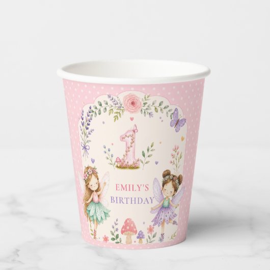 ピンクの妖精の庭園 女の子の1歳の誕生日パーティー 紙コップ (正面)