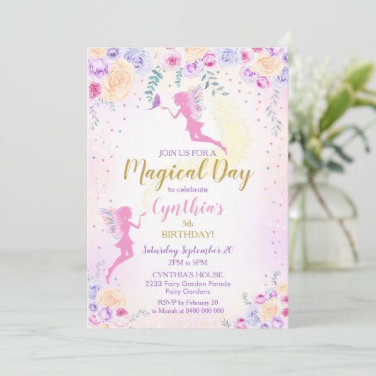 ピンクの妖精の誕生日招待状 妖精の庭 招待状 (スタンド正面)