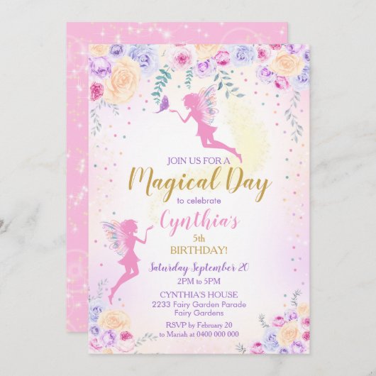 ピンクの妖精の誕生日招待状 妖精の庭 招待状 (正面/裏面)