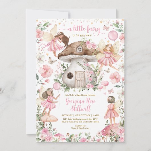 ピンクの妖精の赤ちゃんシャワー魅惑的な森林茶パーティー 招待状 (正面)