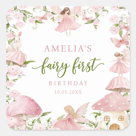 ピンクの妖精の1歳の誕生日パーティーステッカー スクエアシール (正面)