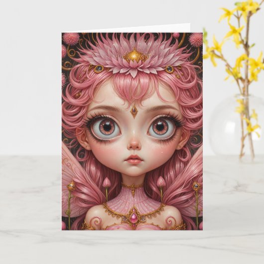 ピンクの妖精 カード (黄色い花)