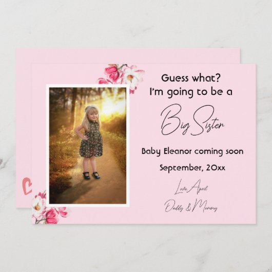 ピンクの姉の妊娠の写真のお知らせ 案内状 (正面/裏面)