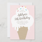 ピンクの子供用アイスクリームコーンの誕生日パーティー 招待状 (正面)