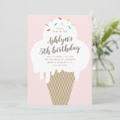 ピンクの子供用アイスクリームコーンの誕生日パーティー 招待状 (スタンド正面)