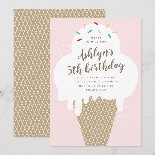 ピンクの子供用アイスクリームコーンの誕生日パーティー 招待状 (正面/裏面)