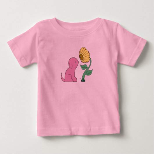 ピンクの子犬および花 ベビーTシャツ (正面)