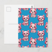 ピンクの子犬のパターンデザイン – 青 ポストカード (正面/裏面)