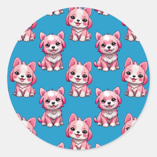 ピンクの子犬のパターンデザイン – 青 ラウンドシール (正面)