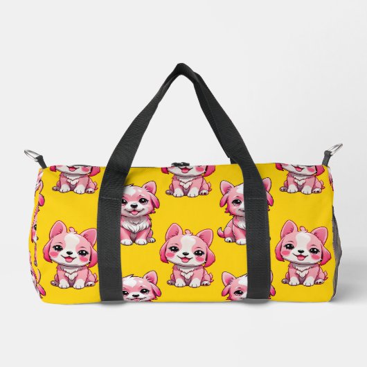 ピンクの子犬のパターンデザイン – 黄色 ダッフルバッグ (正面)