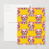ピンクの子犬のパターンデザイン – 黄色 ポストカード (正面/裏面)