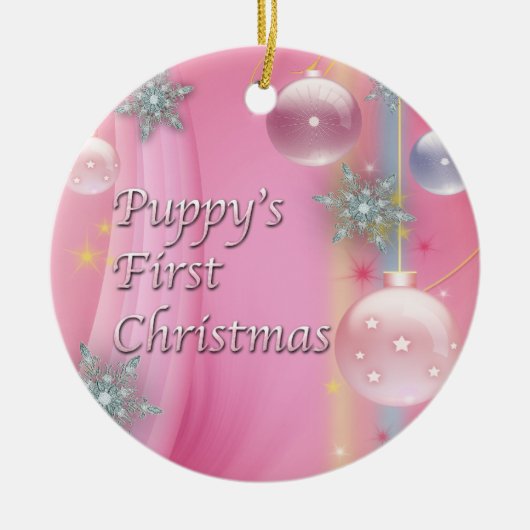 ピンクの子犬の初めてのクリスマス 犬のツリー オーナメント (正面)