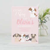 ピンクの子犬の誕生日パーティーの招待状 招待状 (スタンド正面)