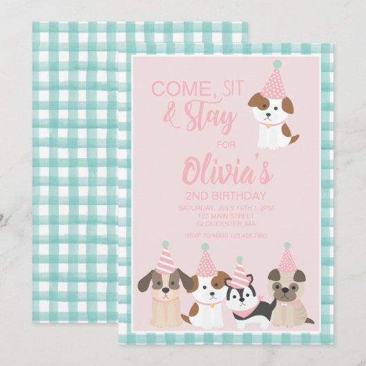 ピンクの子犬の誕生日パーティーの招待状 招待状 (正面/裏面)