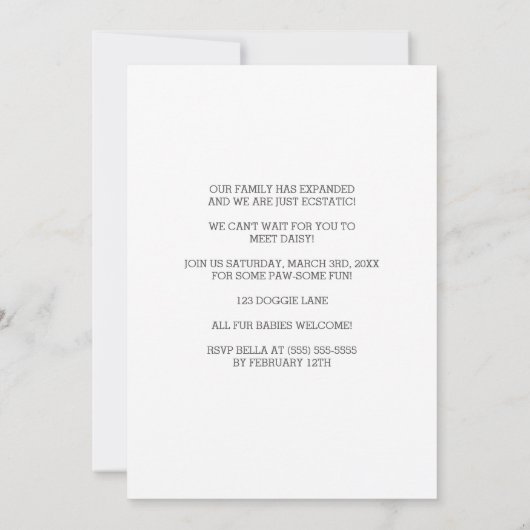 ピンクの子犬の養子縁組の告知フォトカード 招待状 (裏面)