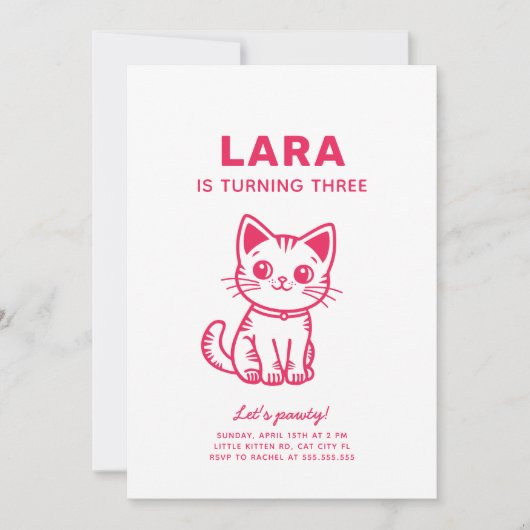 ピンクの子猫の誕生日パーティー招待状 招待状 (正面)